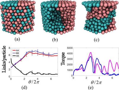 Structure formation in the course of torsional deformation of 1:1 mixtures of A and B PGNs at both the top and bottom layers consisting of the semicircular A and B patches. (a) Initial random configuration. (b) The columnar morphology formed after two revolutions of the top layer. (c) The helical morphology formed after three revolutions. (d) The evolution of the numbers of AA (red), BB (blue), and AB (black) links per particle as a function of the rotation angle $\theta$; averaging is performed over eight independent simulations. (e) Torque variations in the course of torsion deformation obtained during two independent simulations. Particle coloring in (a)−(c) is the same as in Figure 1. The labile bond energies are the same as in Figure 2.