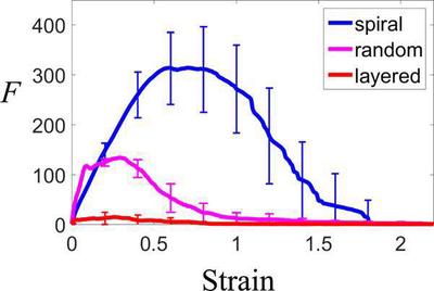 Force vs strain curves obtained from the tensile deformation of the binary PGN networks. Here, the pink line is for systems where the applied torsion results in formation of random mixture of particles (as in Figure 3a); the blue link is for systems where the applied torsion leads to helical structures (as in Figure 3c); and the redline is for systems that form a layered structure (as in Figure 1a). Averaging is performed over eight independent simulations.